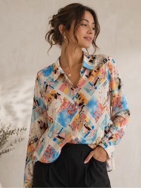 Vintage Artsy Print Button Down Shirt L Zeagoo Menton Côte d’Azur